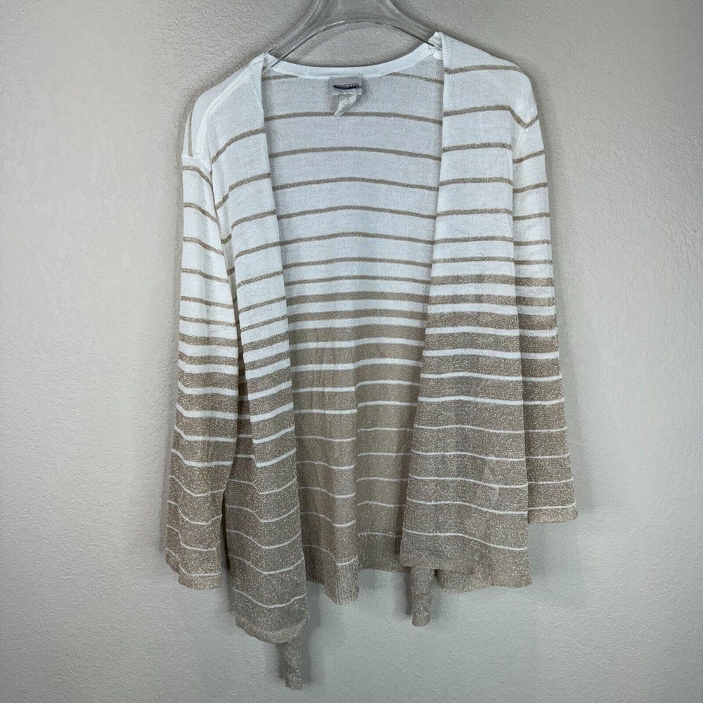 Chico's Womens Cori Cardigan Size 3 Gold White Shimmer-Stripe Open Front Sweater